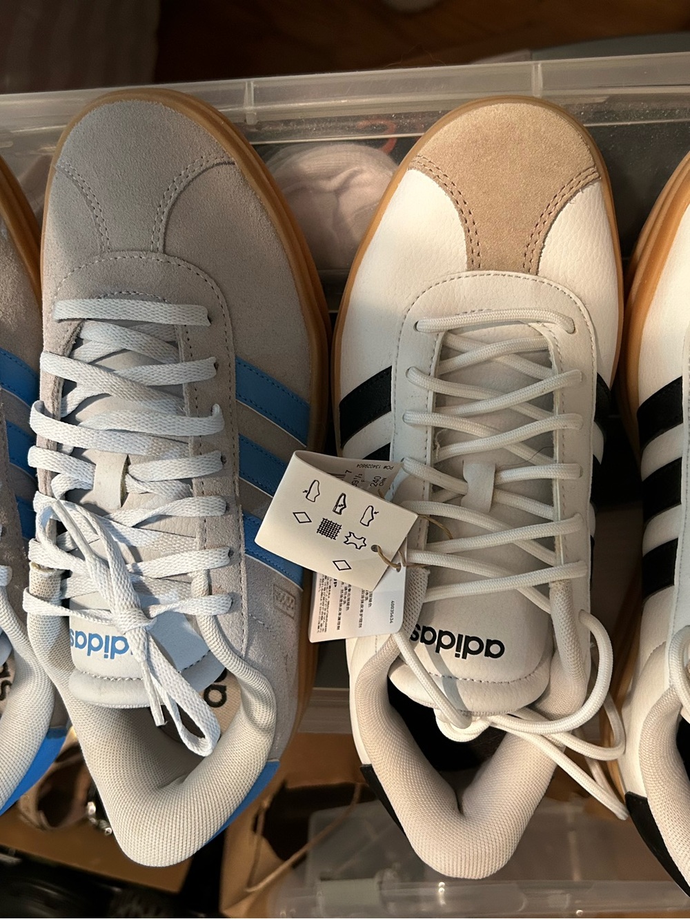 adidas Women’s White Sneakers with Black Stripes and Tan Accents